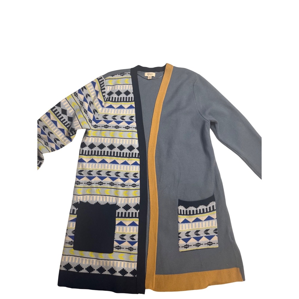 Style Co Women XL‎ Geometric Print Cardigan Sweater Long Sleeve Open Front Blue